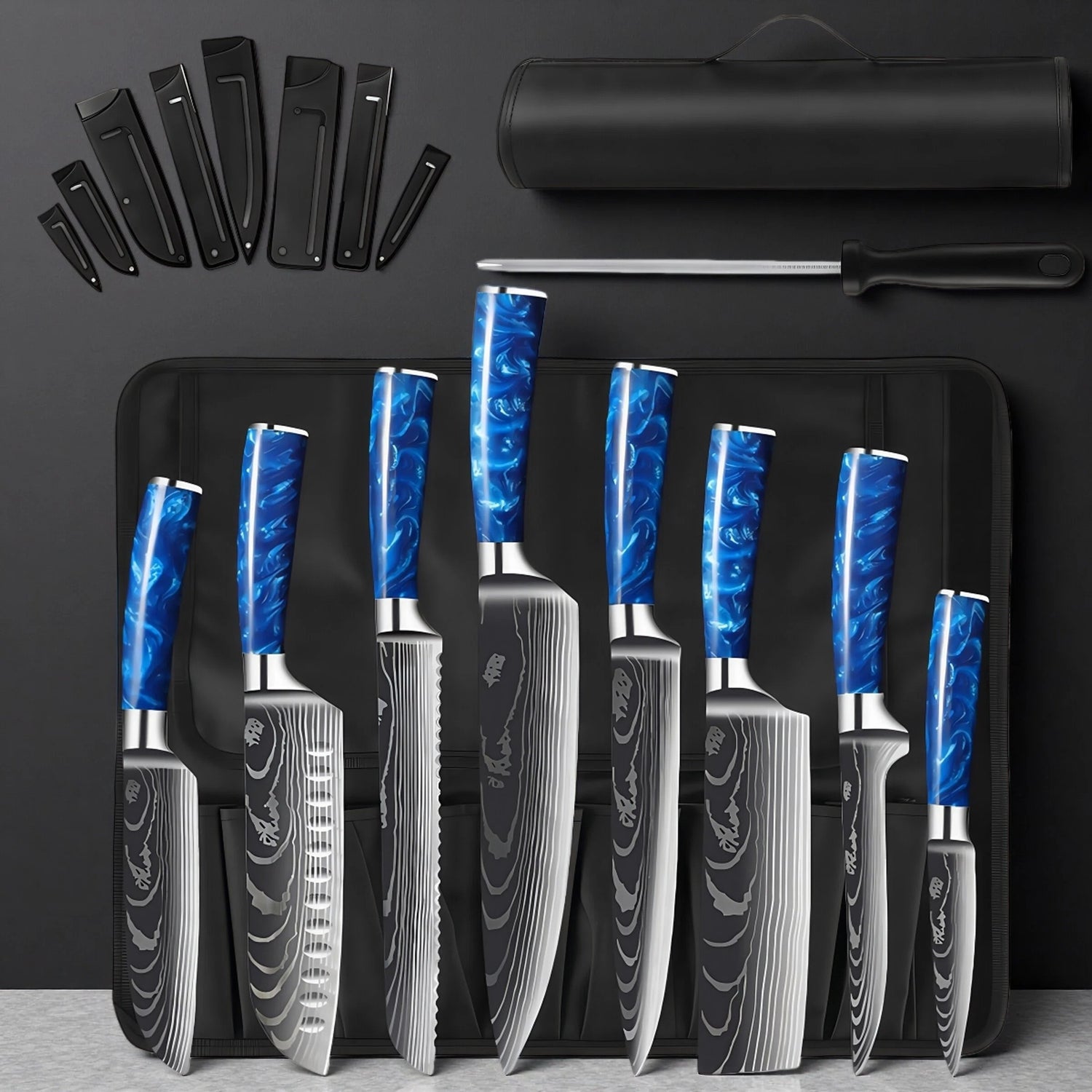 9-Piece Kitchen Knife Set with Sharpener & Roll Bag