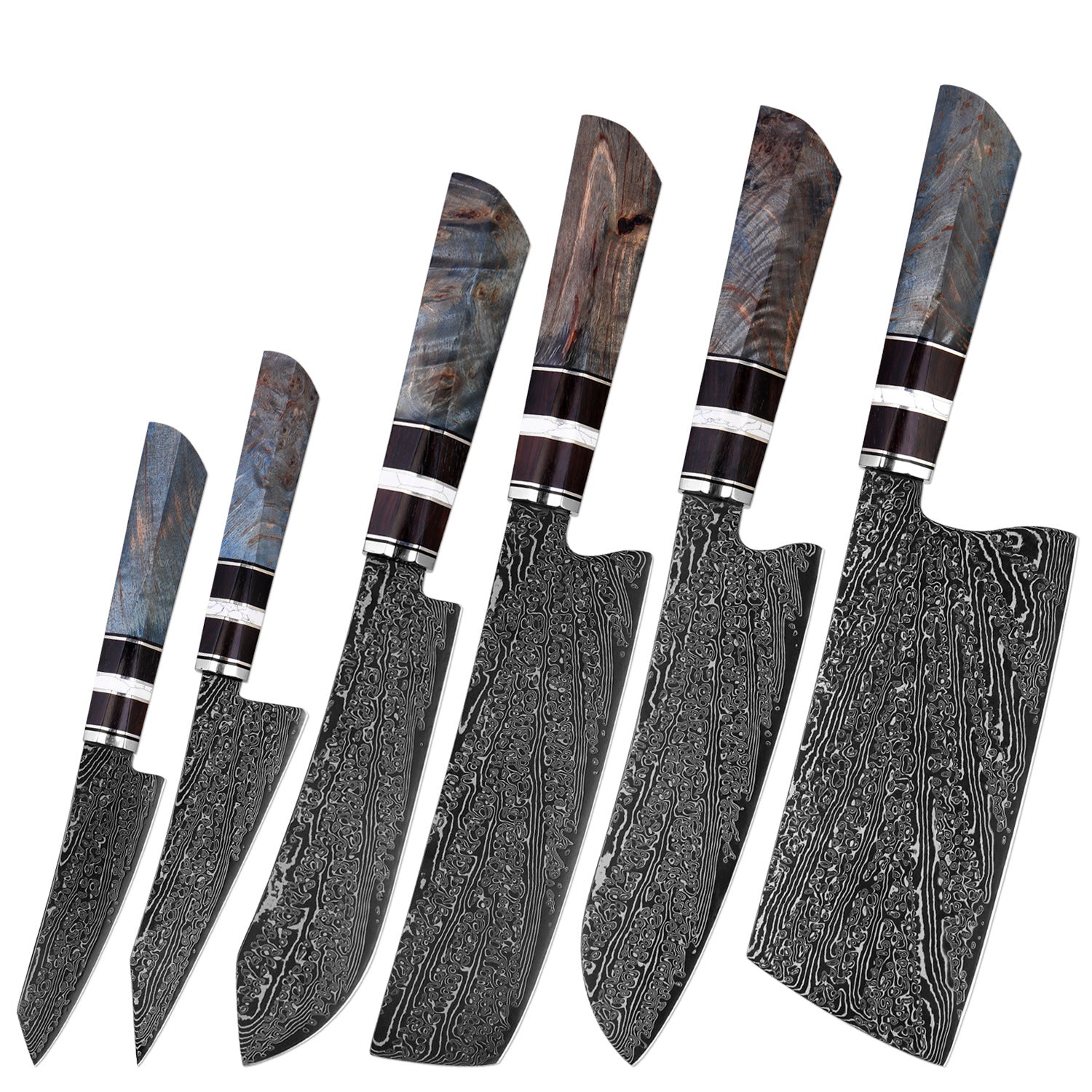 Hand-Forged Damascus Steel Knife Set with Ergonomic Stabilized Wood Handle