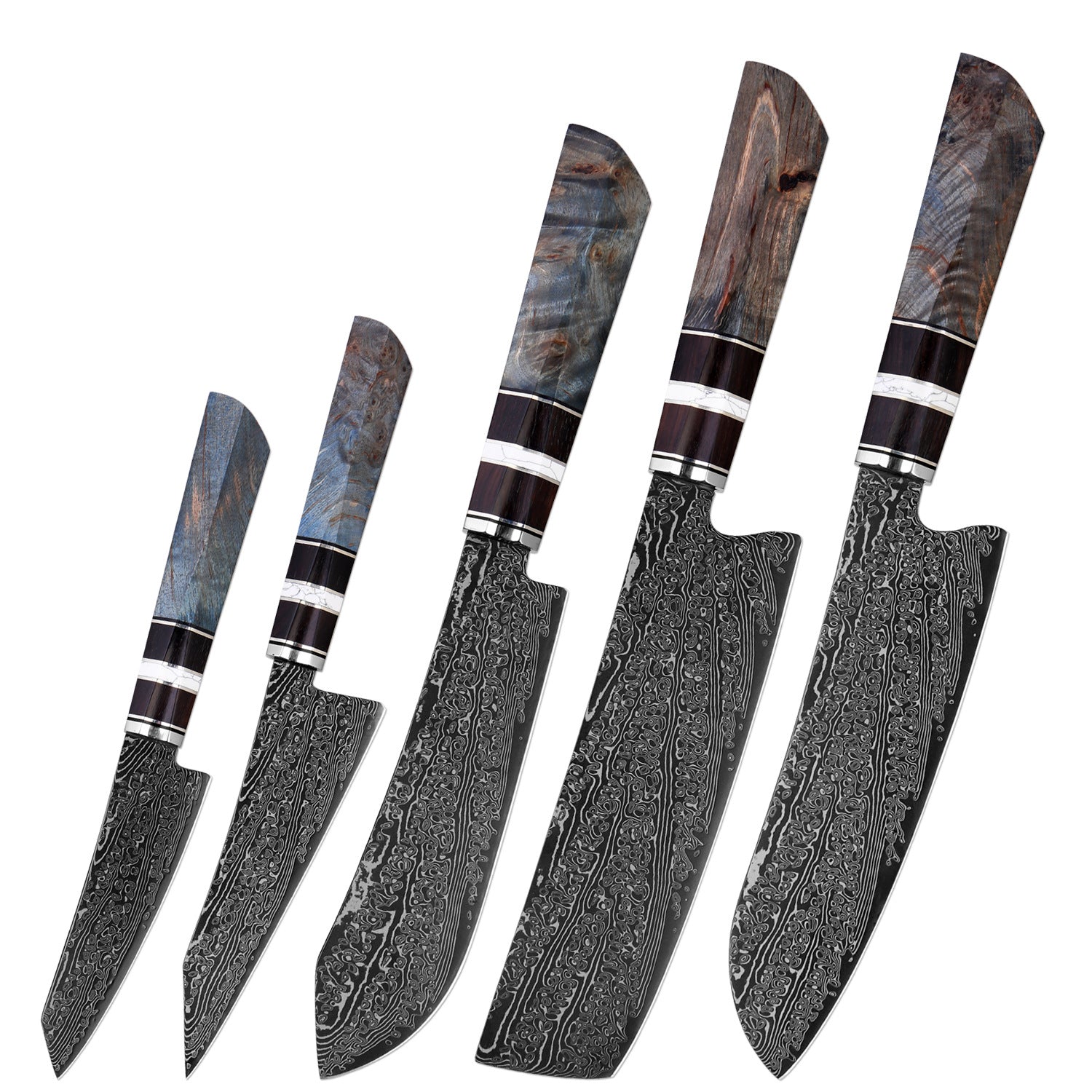 Hand-Forged Damascus Steel Knife Set with Ergonomic Stabilized Wood Handle