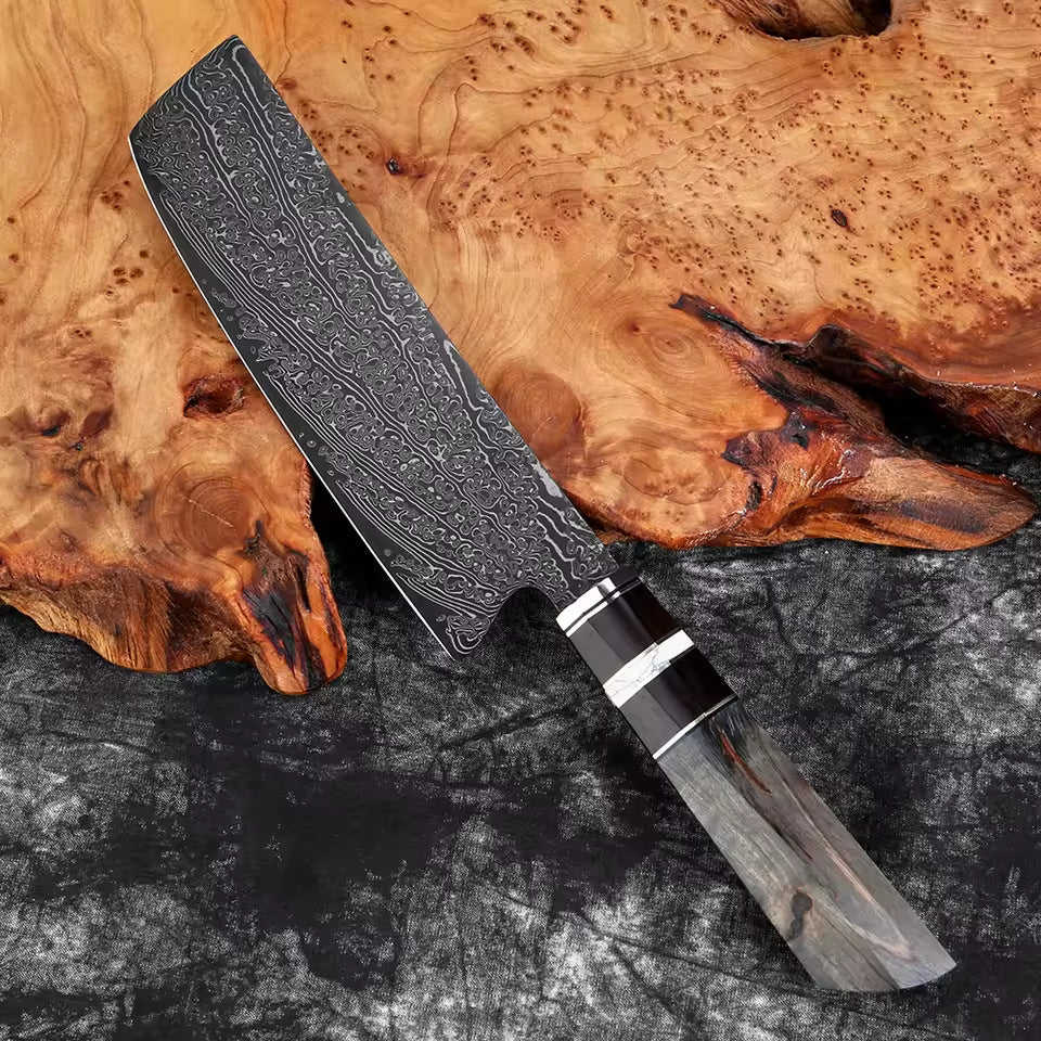 Hand-Forged Damascus Steel Knife Set with Ergonomic Stabilized Wood Handle