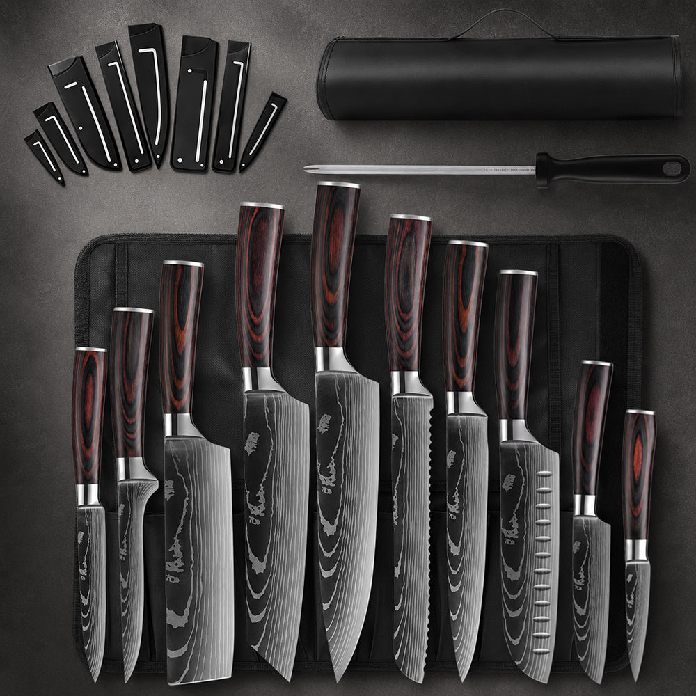 High Carbon Steel Chef Knife Set with Roll Bag & Sharpener