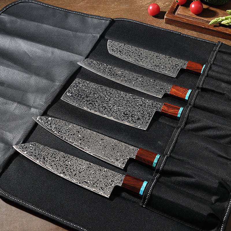 Premium 5-Piece Damascus Japanese Chef Knife Set with Knife Roll Bag