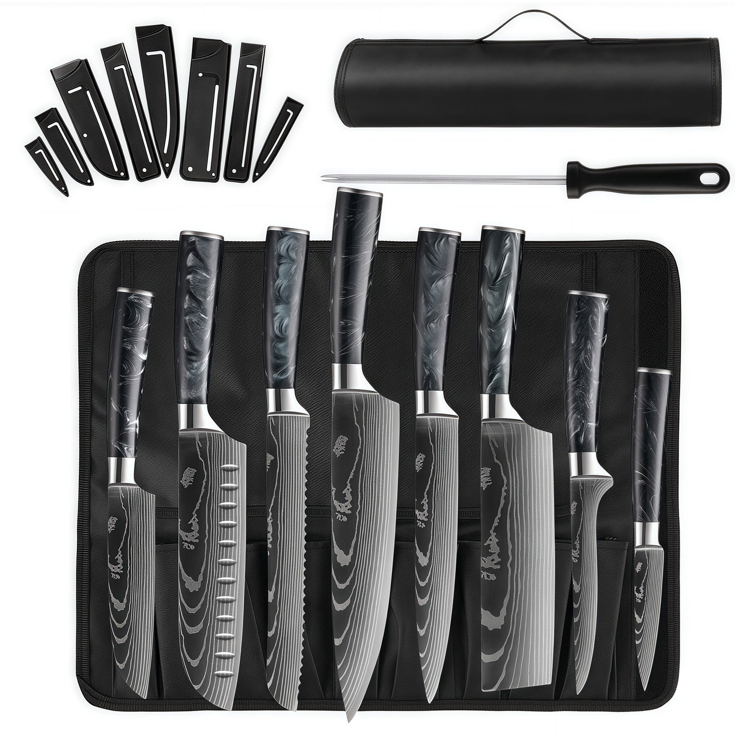 Professional Chef Knife Set with Resin Handles, Portable Roll Bag & Sharpener - 10-Piece