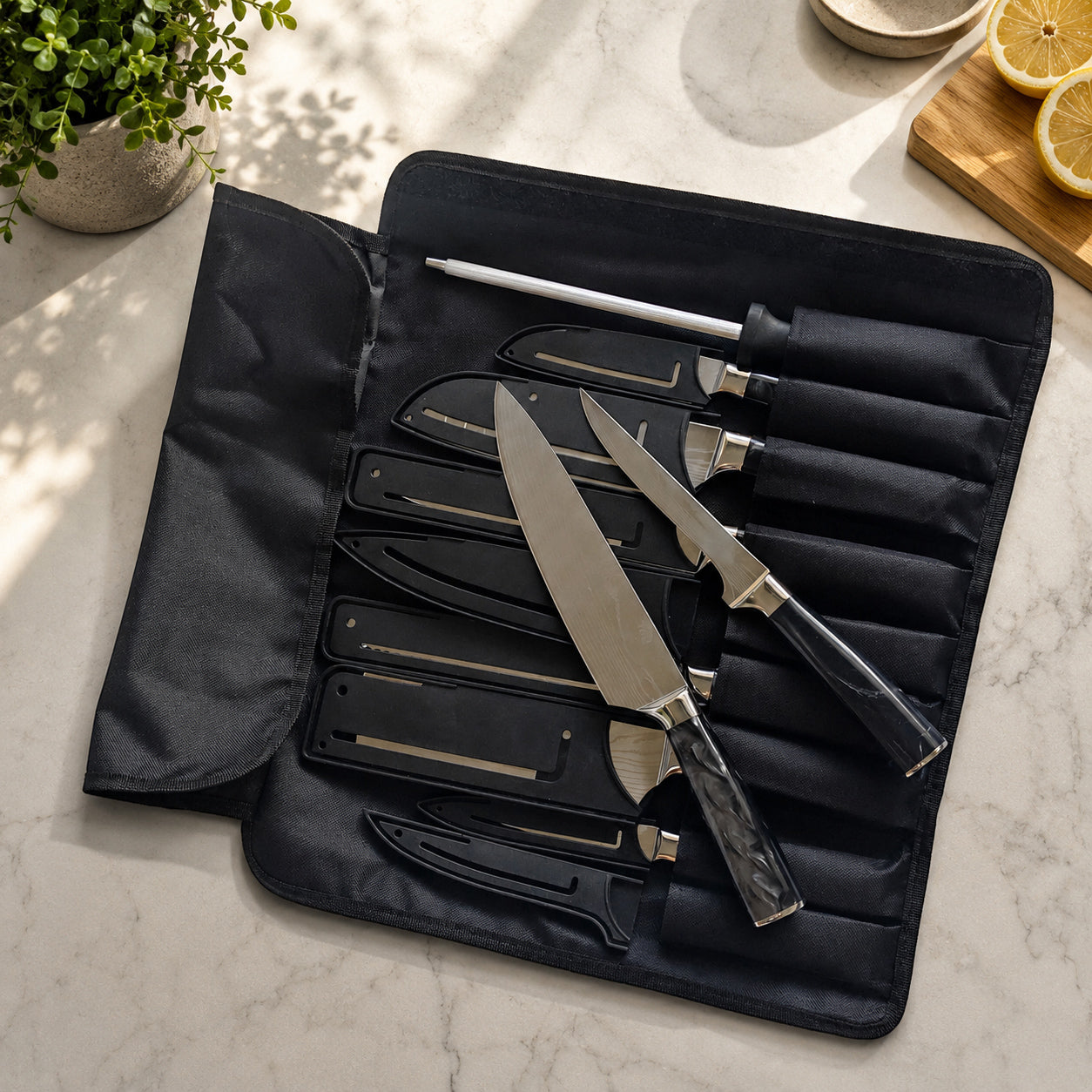 Professional Chef Knife Set with Resin Handles, Portable Roll Bag & Sharpener - 10-Piece