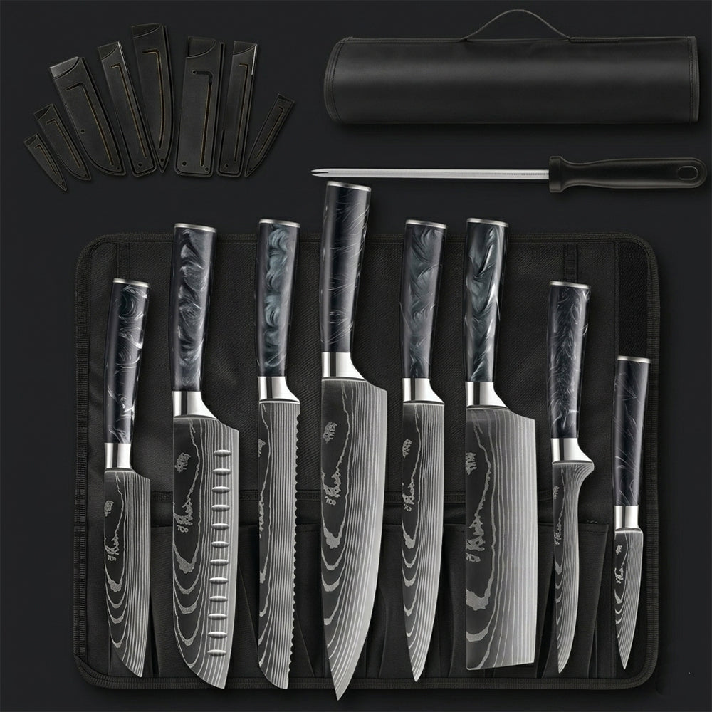 Professional Chef Knife Set with Resin Handles, Portable Roll Bag & Sharpener - 10-Piece