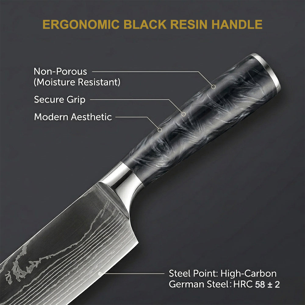 Professional Chef Knife Set with Resin Handles, Portable Roll Bag & Sharpener - 10-Piece