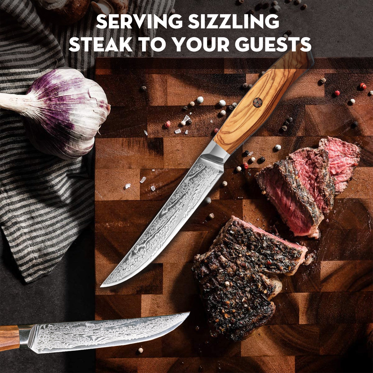 Non Serrated Japanese Damascus Steel Steak Knife Set with Olive Wood Handle