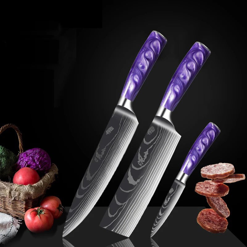 Stainless Steel Chef Knife Set With Purple Resin Handle