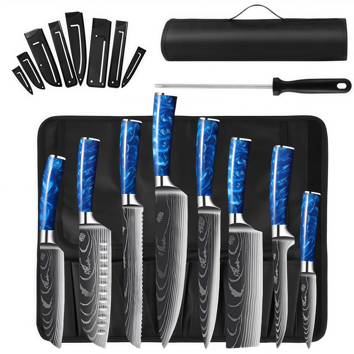 9-Piece Kitchen Knife Set with Sharpener & Roll Bag