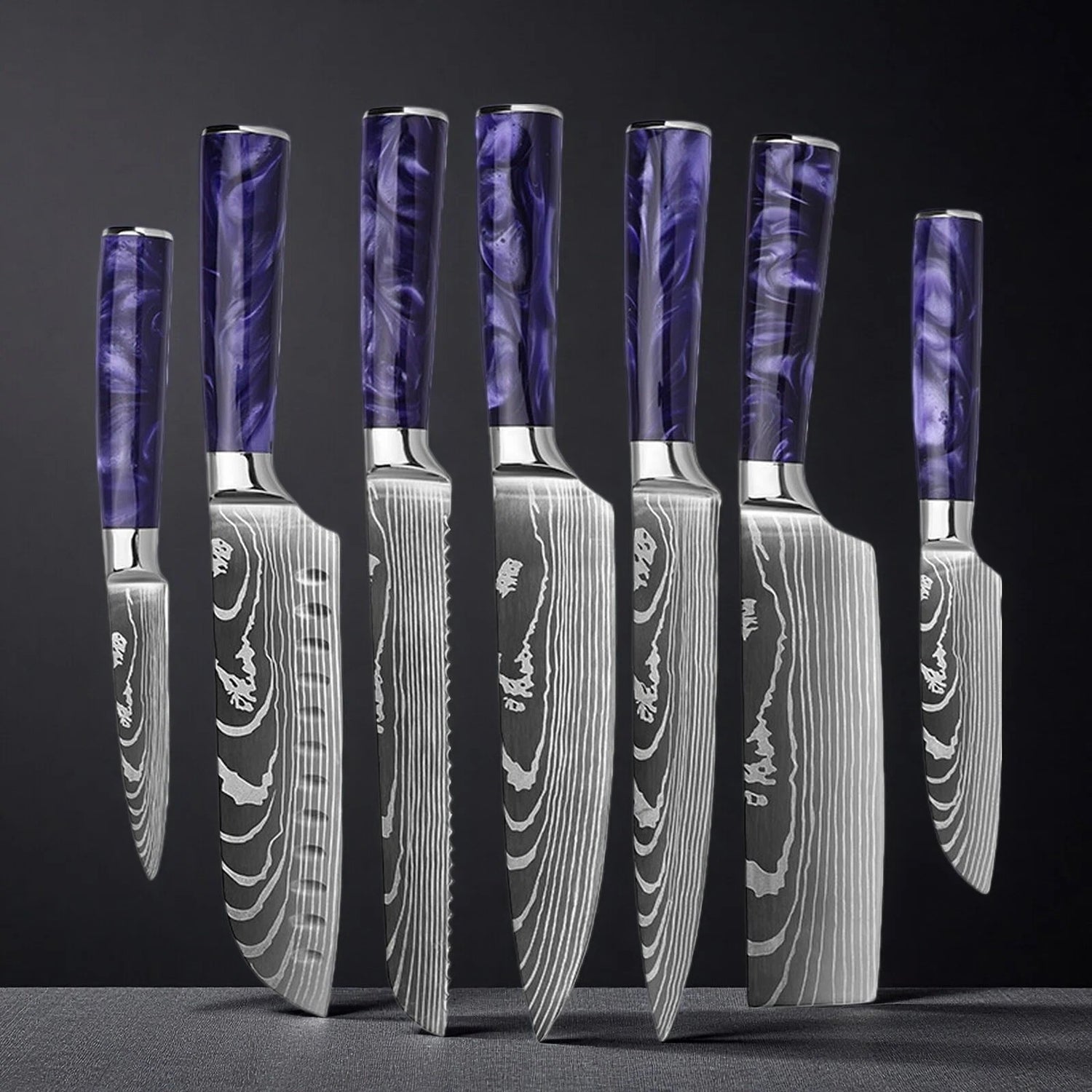 Professional Japanese Kitchen Knife Set with Purple Resin Handle