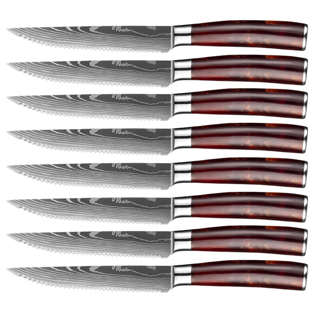 Serrated Steak Knife Set with Red Resin Handle - Letcase