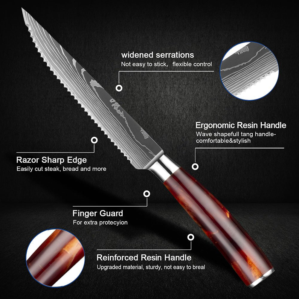 Serrated Steak Knife Set with Red Resin Handle - Letcase