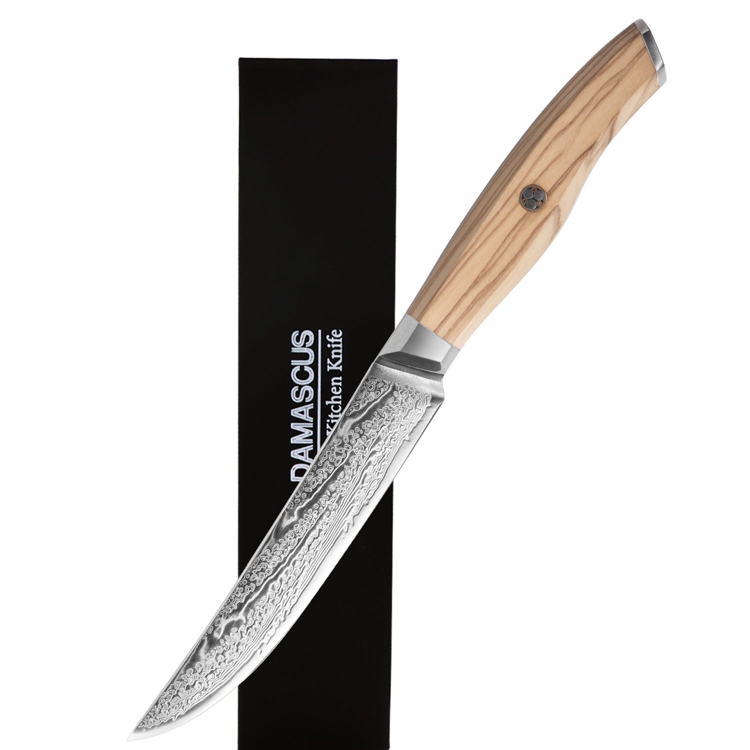 Non Serrated Japanese Damascus Steel Steak Knife Set with Olive Wood Handle