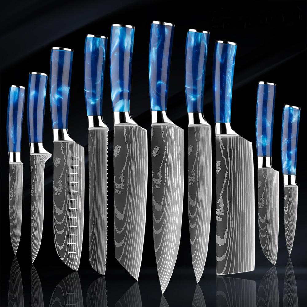 Tengoku 10-Piece Stainless Steel Chef Knife set, Blue Resin Handle