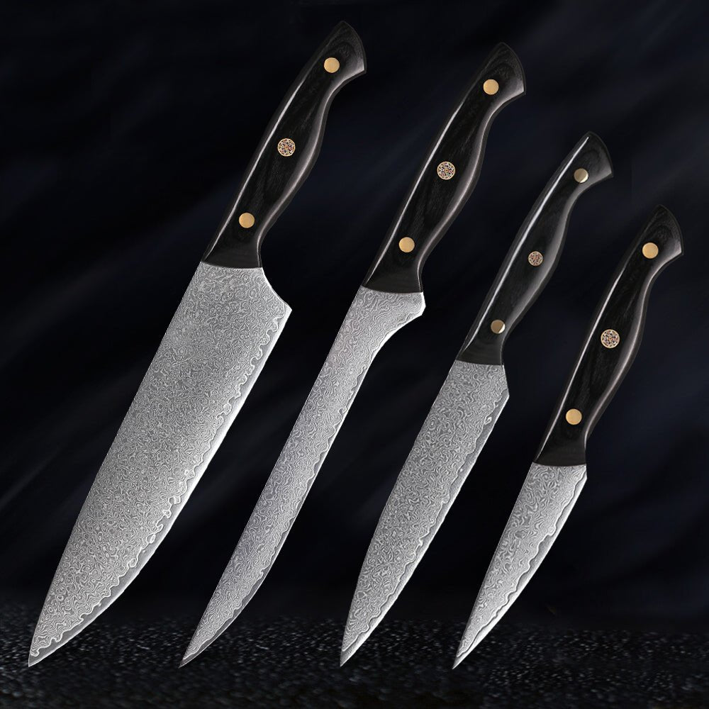 4-Piece Damascus Chef Knife Set With Triple Riveted Wood Handle - Letcase