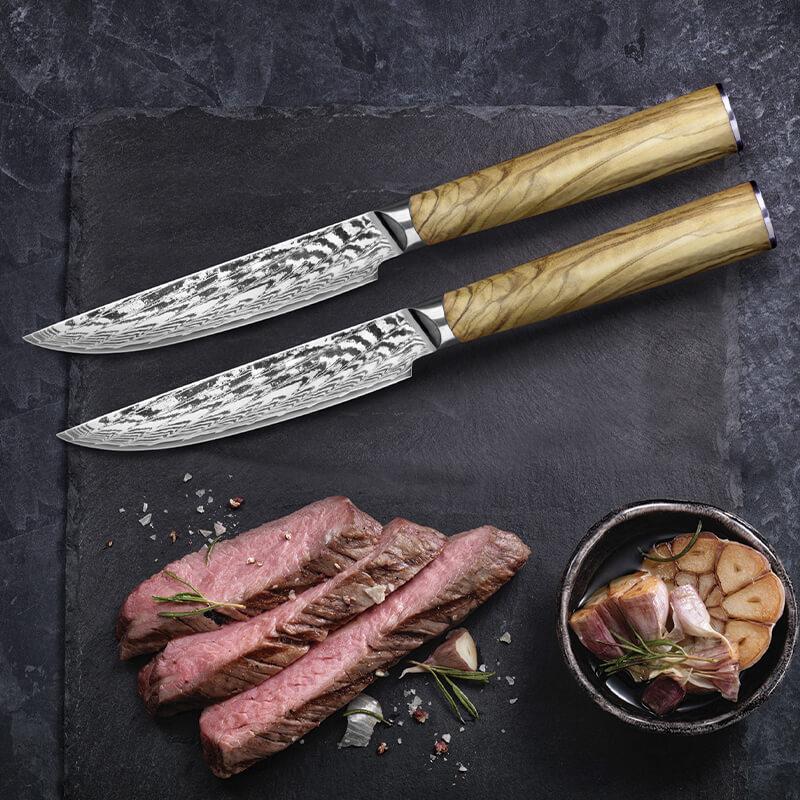 4 Pieces Steak Knife Set, Japanese Damascus Steel, Olive Wood Handle - Letcase