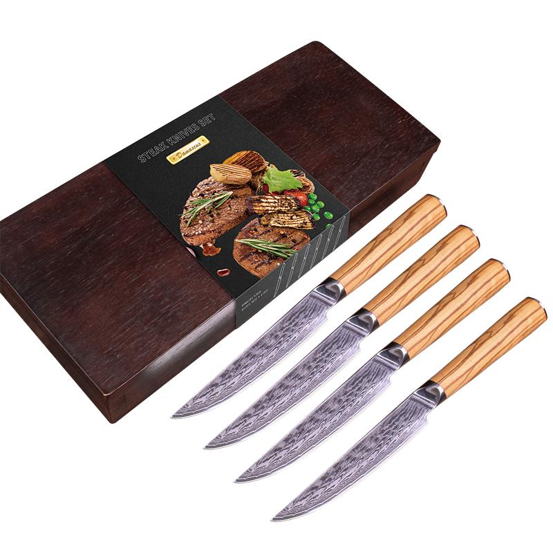 4 Pieces Steak Knife Set, Japanese Damascus Steel, Olive Wood Handle - Letcase