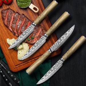 4 Pieces Steak Knife Set, Japanese Damascus Steel, Olive Wood Handle - Letcase