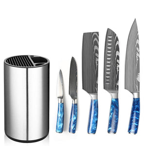 5 Pieces Professional Chef Knife Set With Block, Blue Resin Handle - Letcase