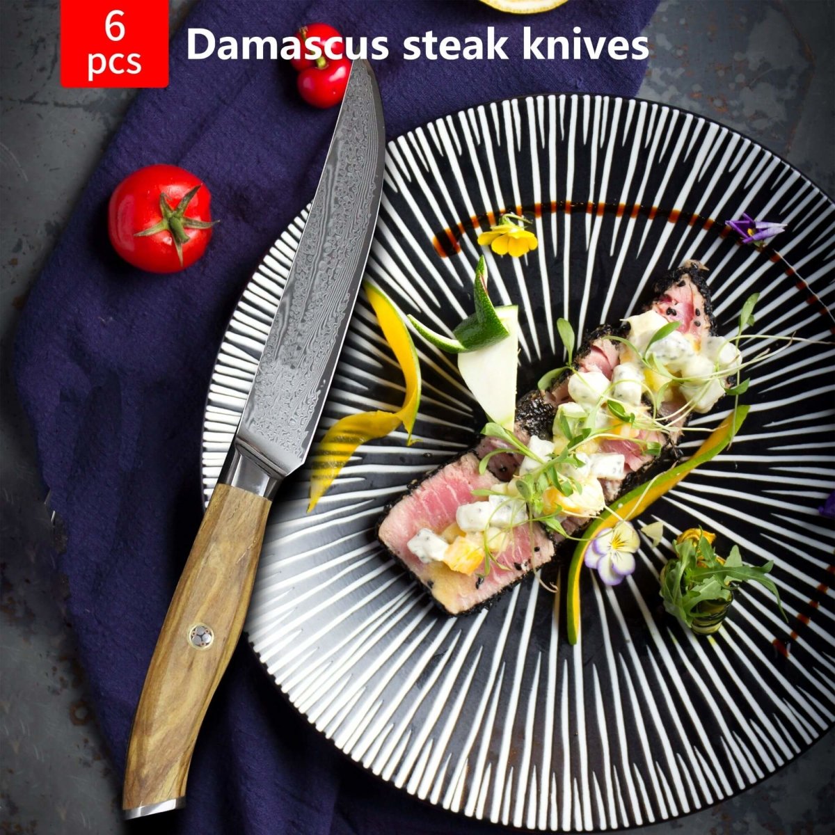 NON SERRATED STEAK KNIFE SET 6-PIECE JAPANESE DAMASCUS STEEL OLIVE WOOD HANDLE