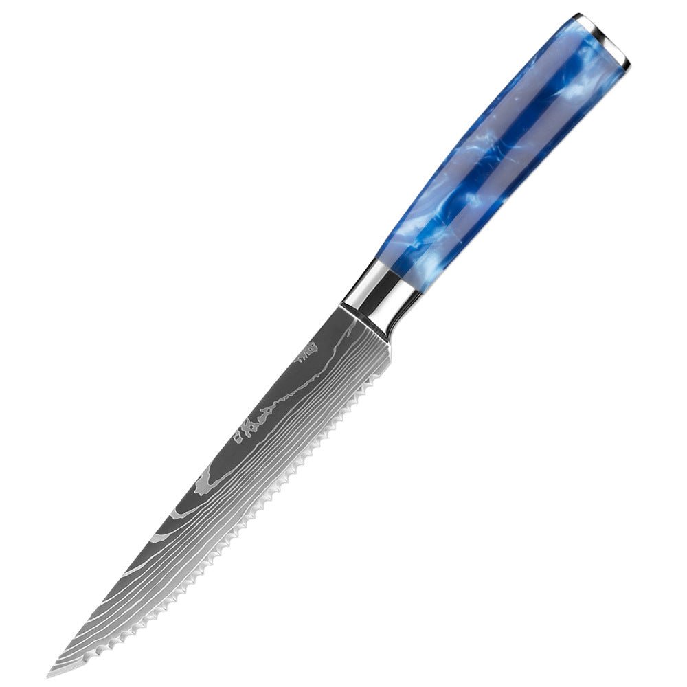 6-Piece Serrated Stainless Steel Steak Knife Set, Blue Resin Handle - Letcase