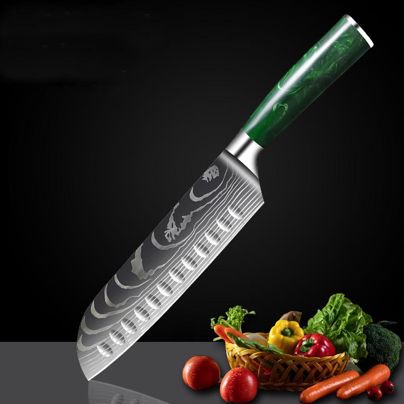 7 Inch Santoku Knife, Green Resin Handle - Letcase