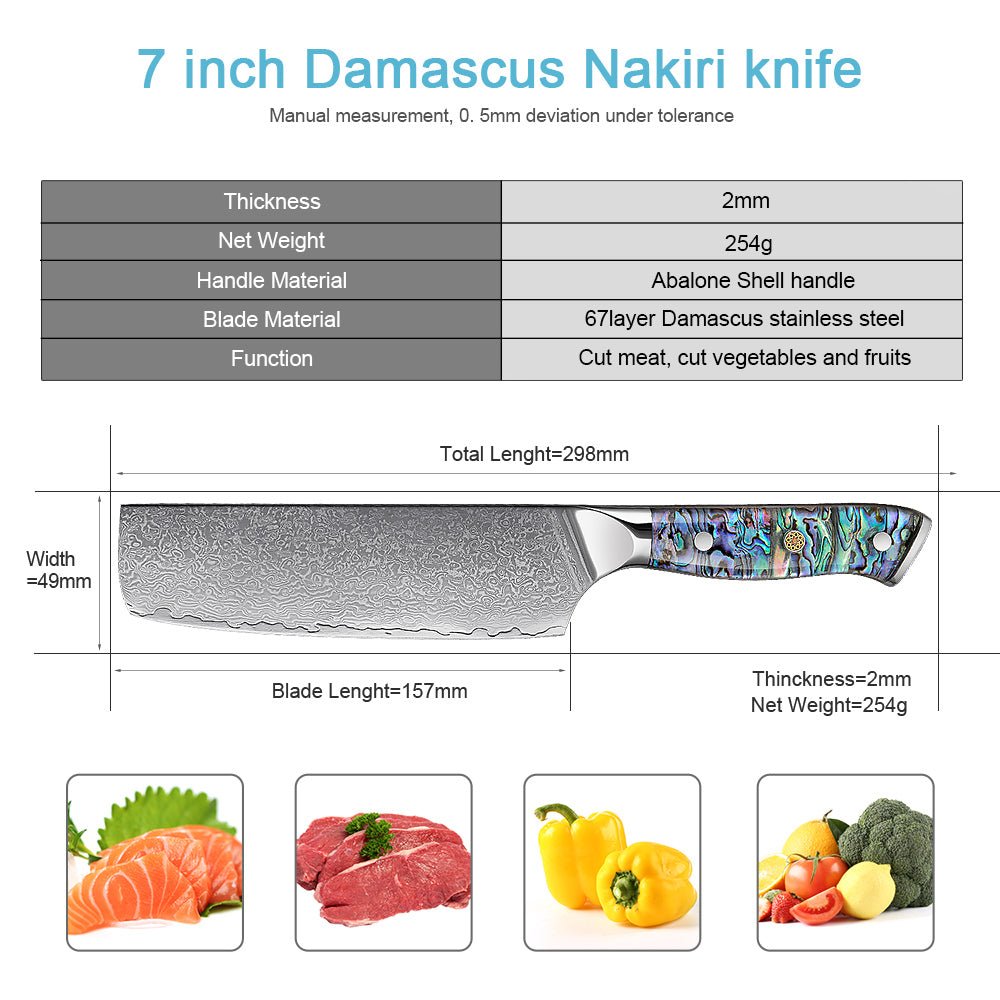 7” Nakiri Chef's Knife, Damascus Blade and Abalone Shell Handle - Letcase