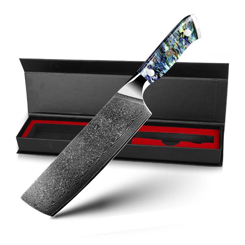 7” Nakiri Chef's Knife, Damascus Blade and Abalone Shell Handle - Letcase