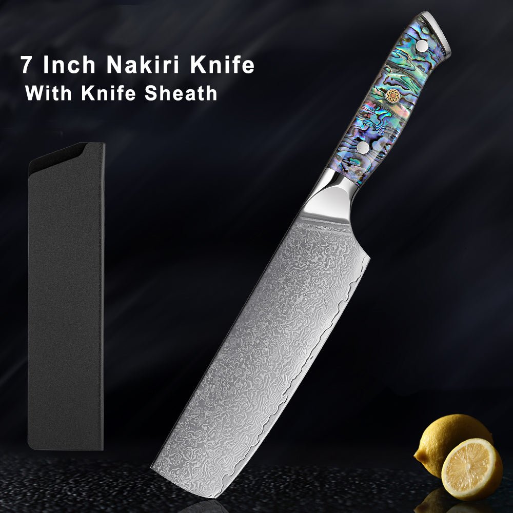 7” Nakiri Chef's Knife, Damascus Blade and Abalone Shell Handle - Letcase