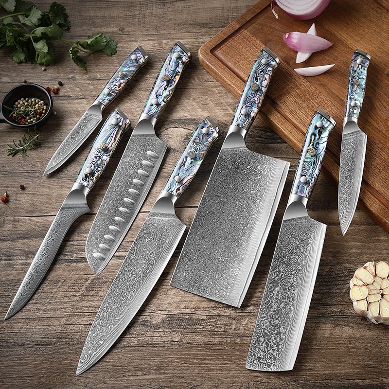 7-Piece Damascus Chef Knife Set With Abalone Shell Handle - Letcase