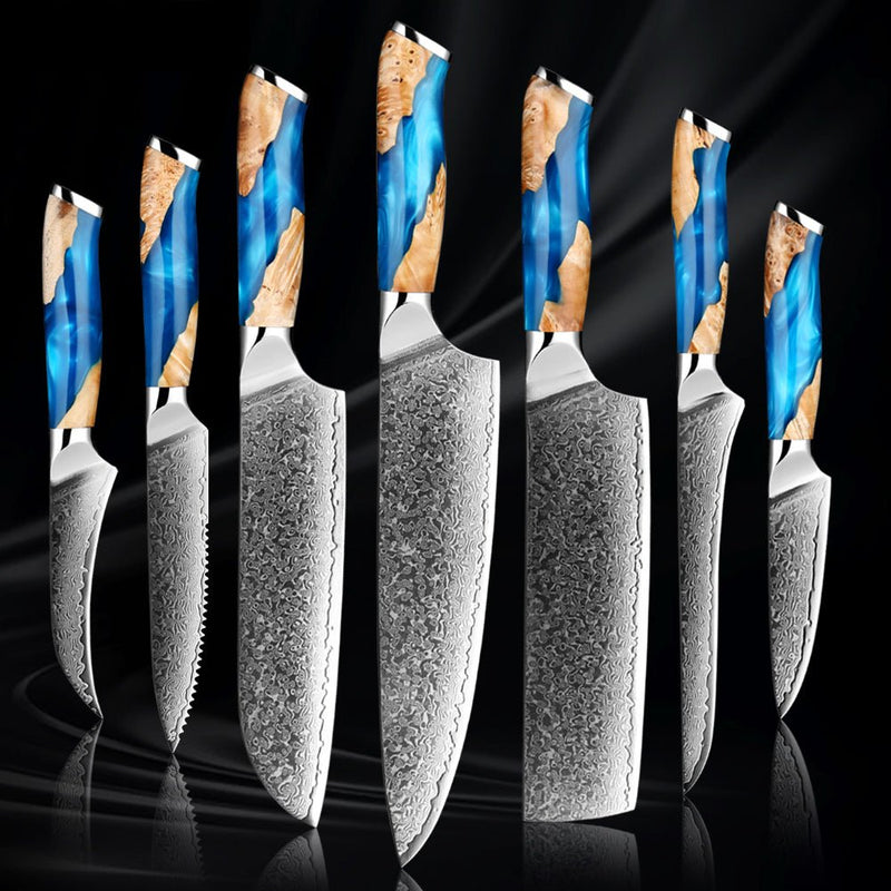 Chef Knife Set Lot Of 7,Hand made Damascus Steel Kitchen knife set,Fixed  Blade knives With Leather Roll kit,(Black Blue Green Wood Handle)