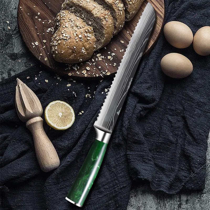 8 Inch Bread Knife With Green Resin Handle - Letcase