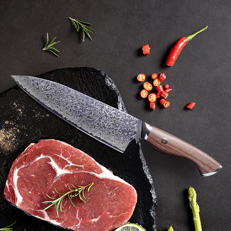 8 Inch Damascus Chef Knife, VG-10, Olive Wood Handle - Letcase