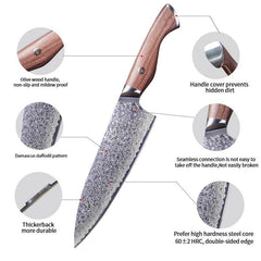 8 Inch Damascus Chef Knife, VG-10, Olive Wood Handle - Letcase