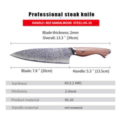 8 Inch Damascus Chef Knife, VG-10, Olive Wood Handle - Letcase