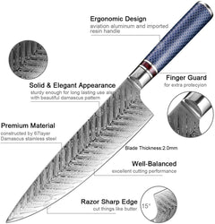 8 Inch Damascus Kitchen Knife, Blue Resin Handle - Letcase