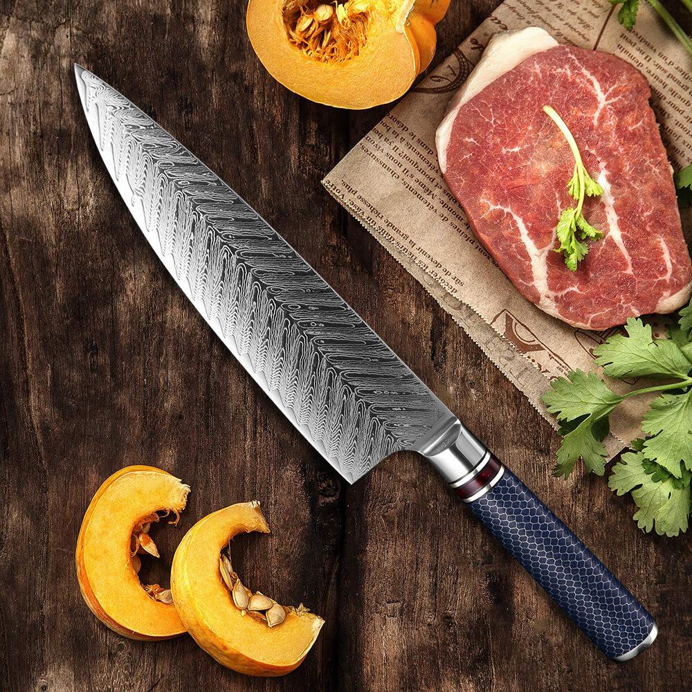 8 Inch Damascus Kitchen Knife, Blue Resin Handle - Letcase