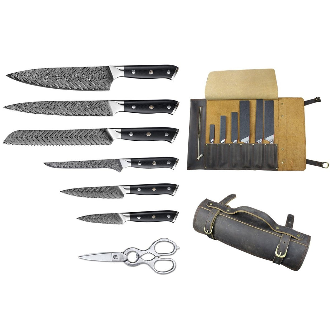 8-piece Japanese Damascus Knife Roll Set - Letcase