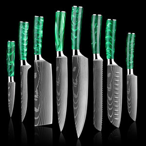 8 Piece Super Sharp Chef Knife Set - Green Resin Wood Handle - Letcase