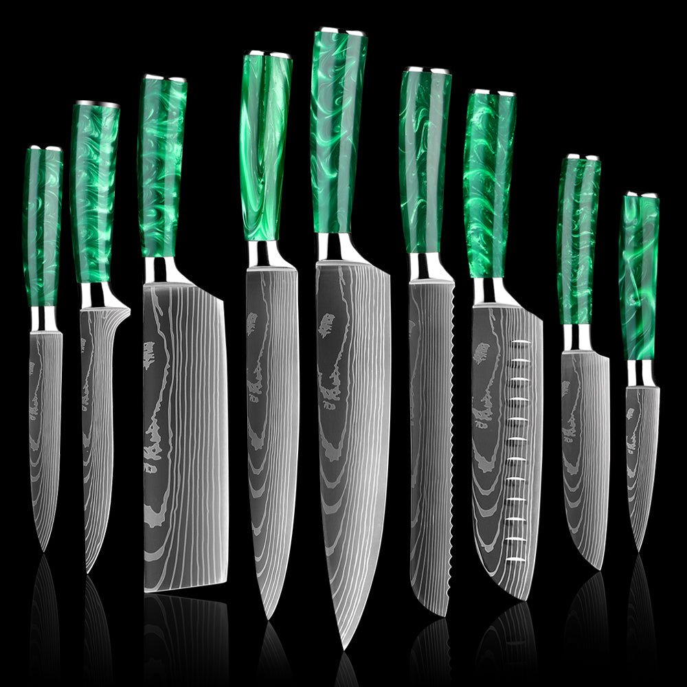 9 Piece Professional Chef Knife Set - Green Resin Wood Handle - Letcase