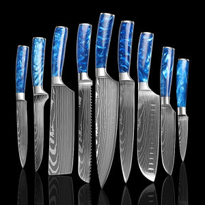 9 Piece Super Sharp Kitchen Knife Set - Blue Resin Handle - Letcase