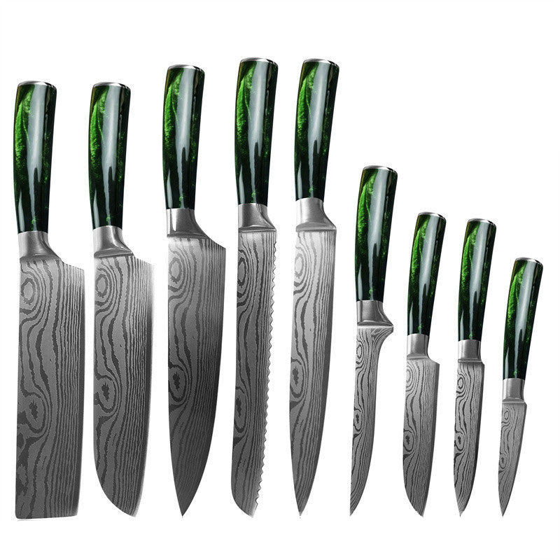 Professional Chef Knife Set of 9, Premium Stainless Steel With Green Resin Handle