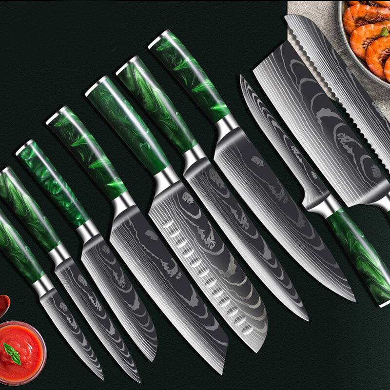 Green Resin Wooden Handle Kitchen Knives