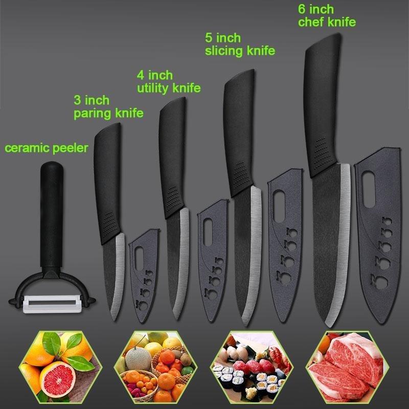 5Pc Ceramic Knife Set Black Blade Kitchen Cutlery Peeler Paring