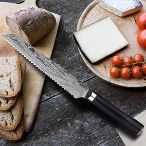 Damascus Bread Knife, 8" Serrated Bread Knife, Japanese AUS-10V Super Steel - Letcase