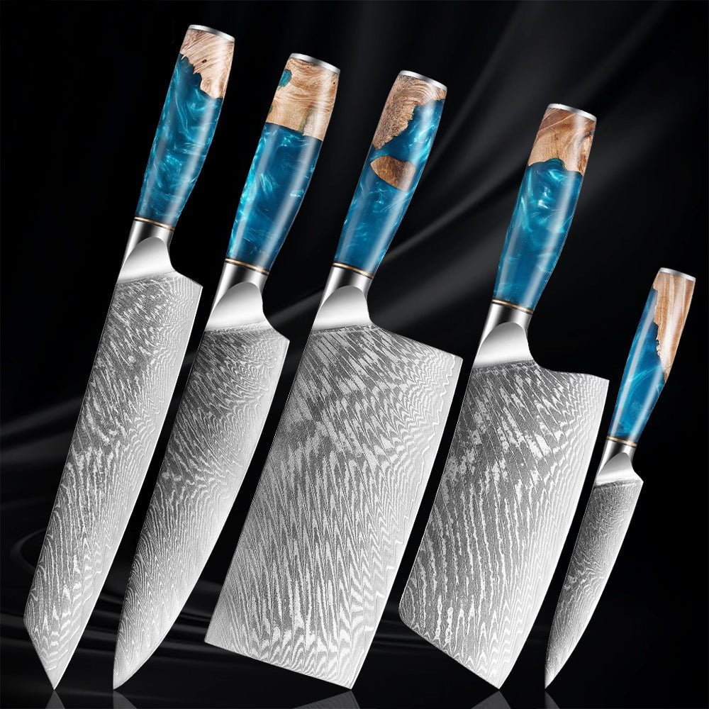 Damascus Kitchen Knife Set 5 Piece Cleaver Knife Set 