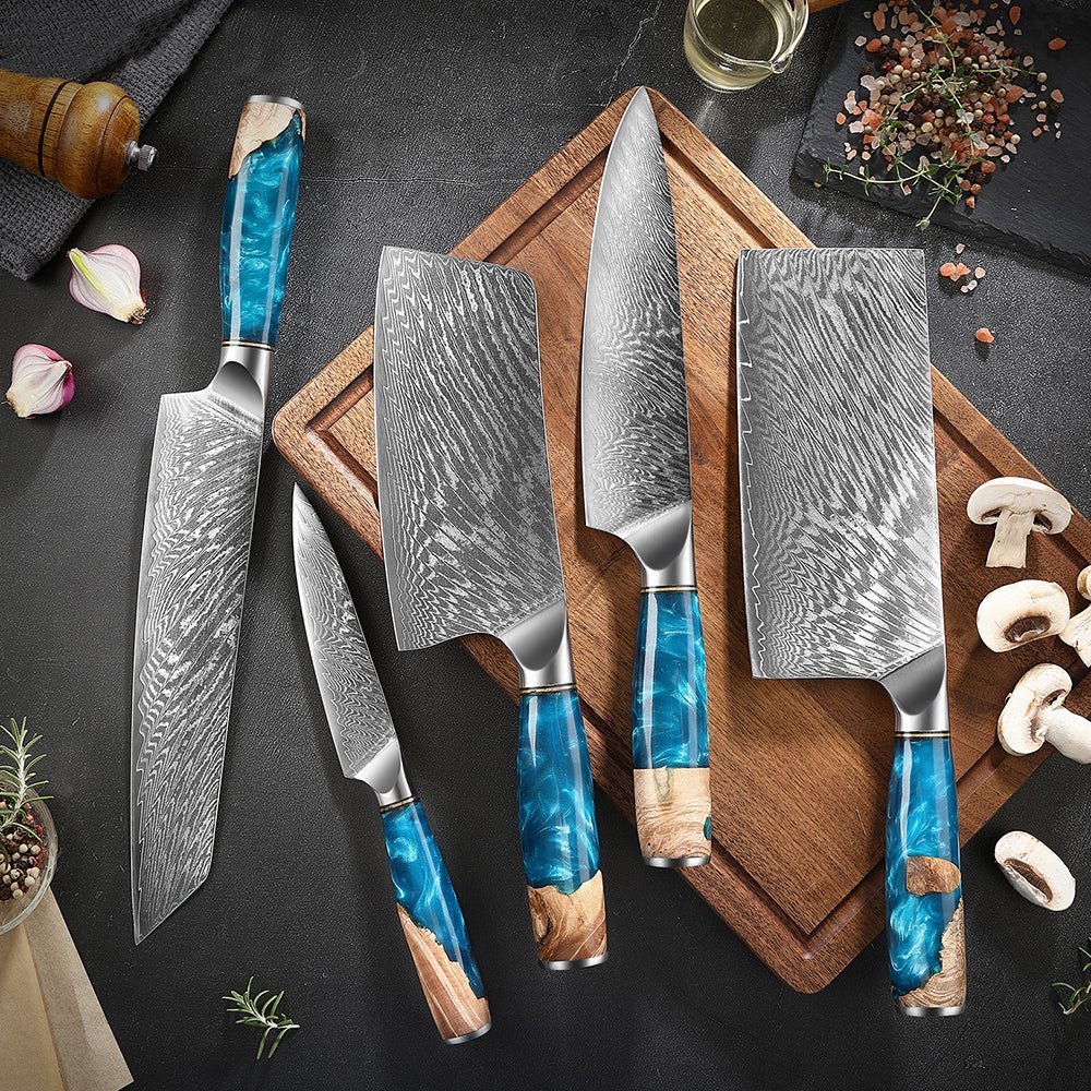 Damascus Kitchen Knife Set 5 Piece Cleaver Knife Set - Letcase