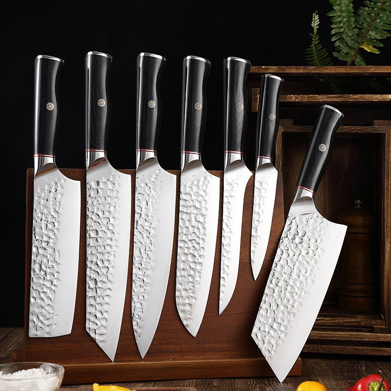 Santoku Utility Knife Set Hammered Damascus Steel Full Tang Wood Handle  Chef Cut