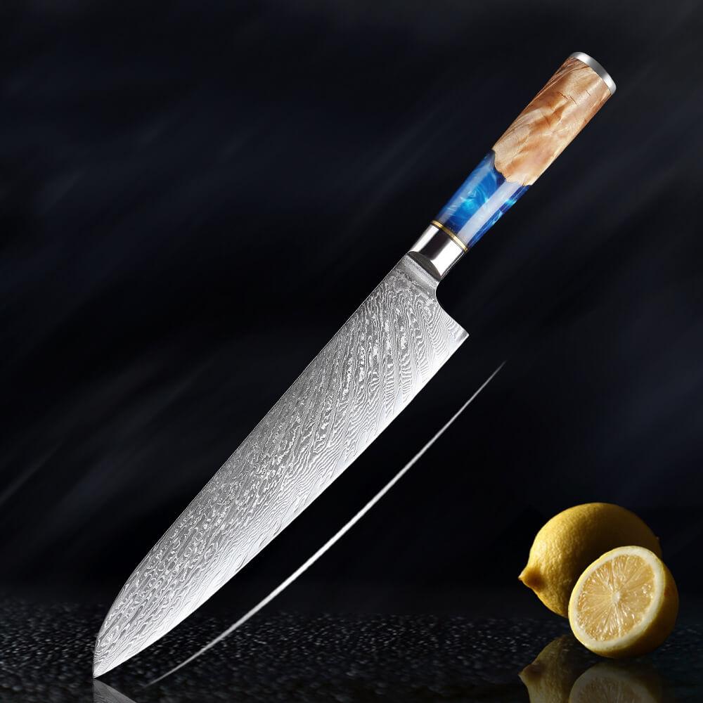 Hand Forged Chef Knives, Damascus Steel Knife, Colored Blue Resin Handle - Letcase