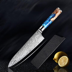 Hand Forged Chef Knives, Damascus Steel Knife, Colored Blue Resin Handle - Letcase
